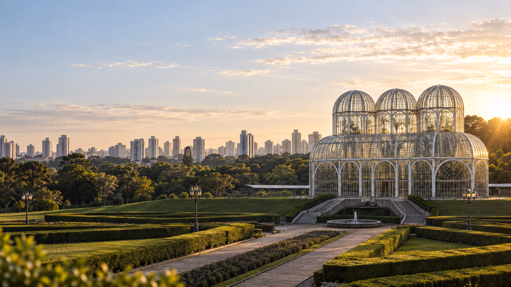 Jardim Botânico de Curitiba, cercado por jardins e pela paisagem da cidade