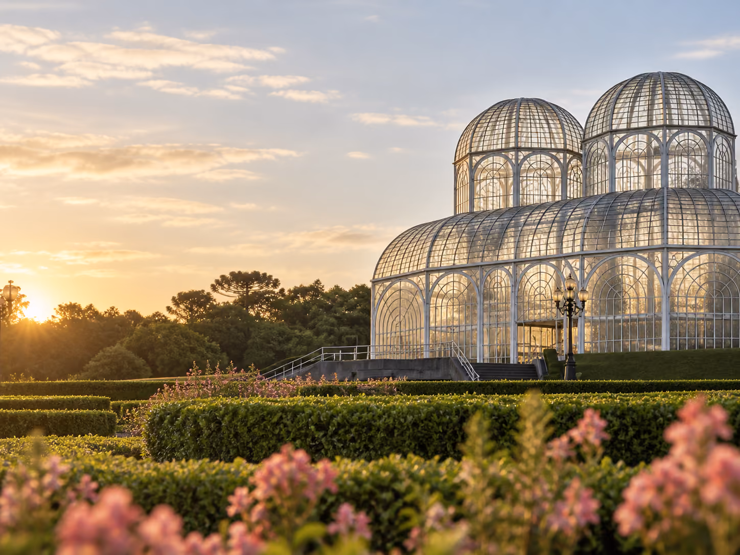 Estufa do Jardim Botânico de Curitiba entre jardins e flores